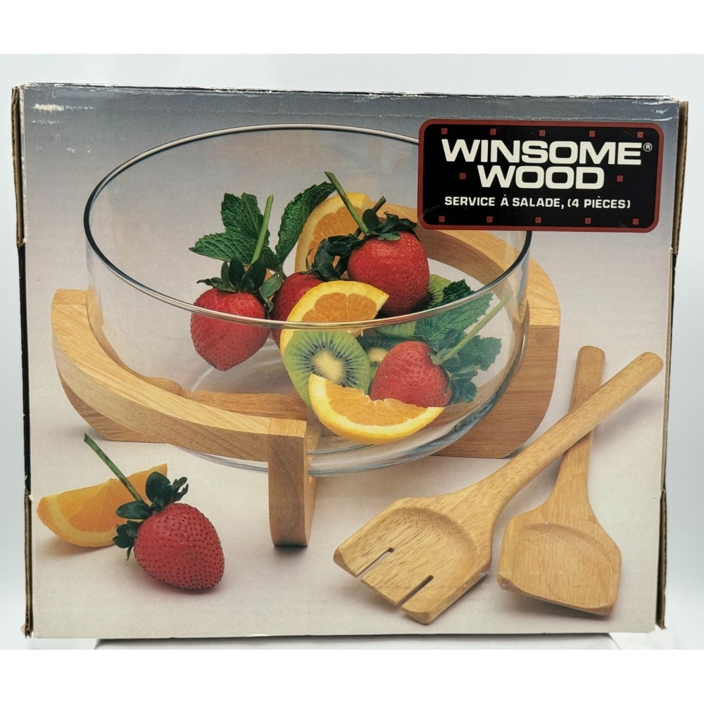Winsome Wood 4 - Piece Salad Set -NEW In Box - 84412 - Glass Bowl - Beechwood